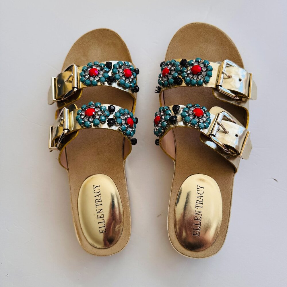 Ellen Tracy Patrick Gold Bejeweled Sandals Size 8M